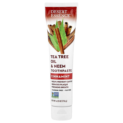 Desert Essence, Pasta dental con aceite de árbol del té y nim, Canela y menta, 176 g (6,25 oz)