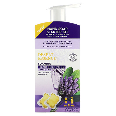 

Desert Essence Foaming Hand Soap Pods Starter Kit, Tea Tree Oil & Lavender, 2 Concentrated Pods, 1.3 fl oz (36 ml) + 1 Bottle, 10 fl oz (300 ml)