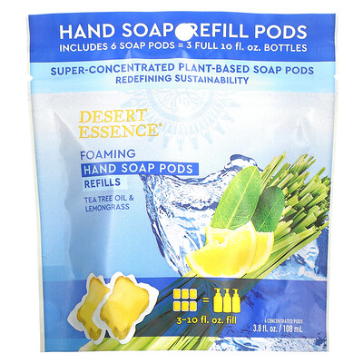 

Desert Essence, Foaming Hand Soap Pods, Refills, Tea Tree Oil & Lemongrass, 6 Concentrated Pods, 3.8 fl oz (108 ml)