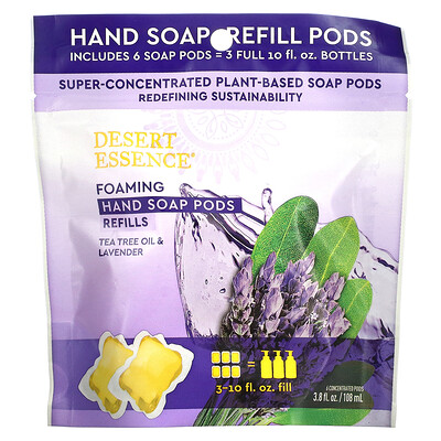 

Desert Essence, Foaming Hand Soap Pods, Refills, Tea Tree Oil & Lavender, 6 Concentrated Pods, 3.8 fl oz (108 ml)