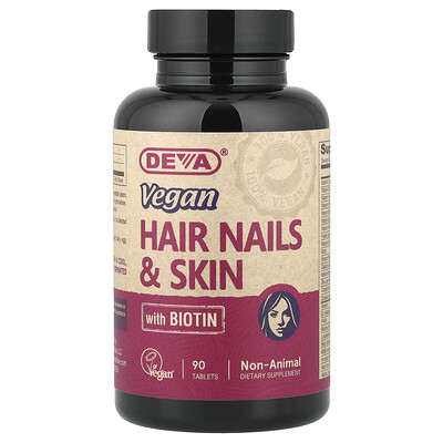 Deva, Suplemento con biotina apto para veganos para el cabello, las uñas y la piel, 90 comprimidos