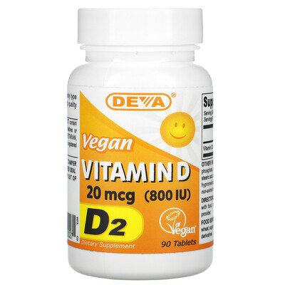Deva Vegan Vitamin D, D2, 20 mcg (800 IU), 90 Tablets
