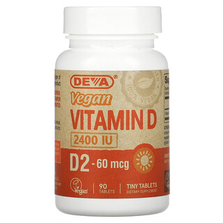 Deva, веганский витамин D, D2, 60 мкг (2400 МЕ), 90 таблеток