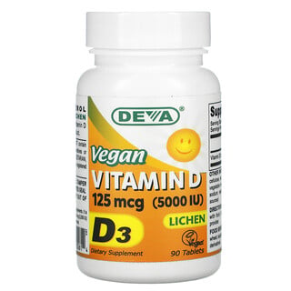 Deva, Веганский витамин D, 125 мкг (5000 МЕ), 90 таблеток