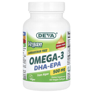 Deva, Omega-3 vegano y DHA-EPA, 500 mg, 60 cápsulas blandas veganas