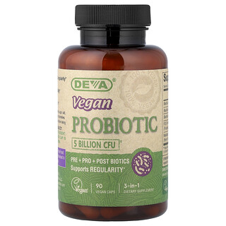 Deva, 3-i-1 vegansk probiotika, 5 miljarder CFU, 90 veganska kepsar