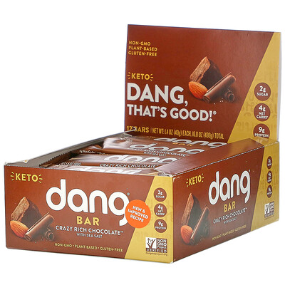 Купить Dang Keto Bar, невероятно насыщенный шоколад с морской солью, 12 батончиков по 40 г (1, 4 унции)