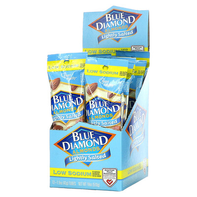 Купить Blue Diamond Миндаль, с низким содержанием натрия, слабая соль, 12 тюбиков по 43 г (1, 5 унции)