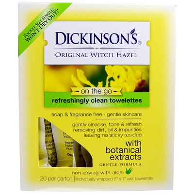 Dickinson Brands Освежающие влажные салфетки Original Witch Hazel On the Go, 20 шт в упаковке, 12,7 х 17,8 см (5" x 7")