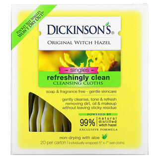 Dickinson Brands, Original Witch Hazel On the Go, Lenços Umedecidos Refrescantes, 20 por pacote, 12,7 x 17,7 cm cada