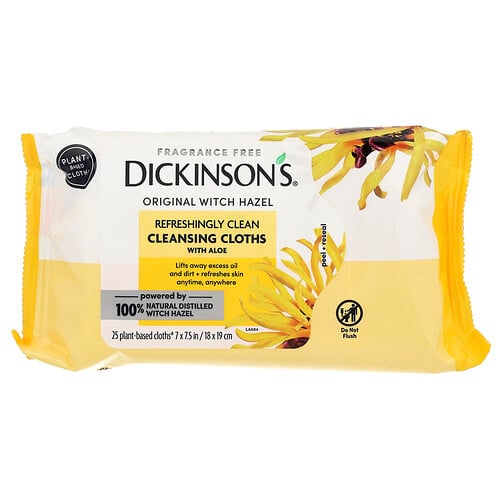 Dickinson Brands Original Witch Hazel, Refreshingly Clean Cleansing Cloths with Aloe, Fragrance Free, 25 Cloths