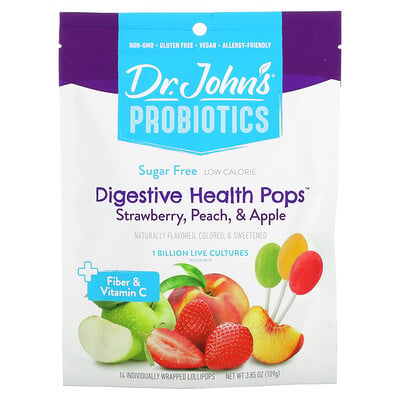 Купить Dr. John's Healthy Sweets Пробиотики, леденцы для здоровья пищеварительной системы, с клетчаткой и витамином C, клубника, персик и яблоко, без сахара, 1 миллиард, 14 леденцов на палочке в индивидуальной упаковке, 109 г (3, 85 унции)