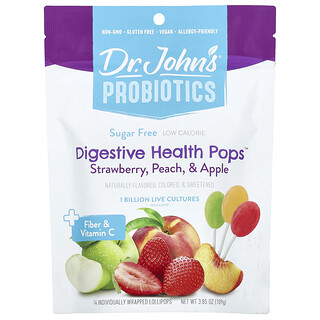 Dr. John's Healthy Sweets, プロバイオティクス、Digestive Health Pops™、食物繊維＆ビタミンC入り、ストロベリー ピーチ アップル、個包装キャンディ14本、109g（3.85オンス）