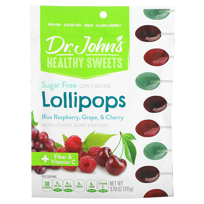 Купить Dr. John's Healthy Sweets Леденцы на палочке, + клетчатка и витамин C, голубая малина, виноград и вишня, без сахара, 105 г (3, 7 унции)