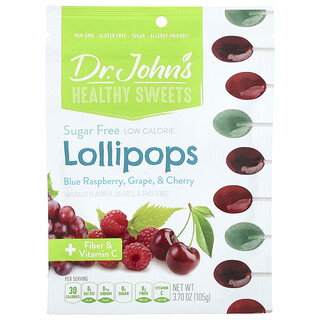 Dr. John's Healthy Sweets, Piruletas, + fibra y vitamina C, Frambuesa azul, uva y cereza, Sin azúcar, 105 g (3,7 oz)
