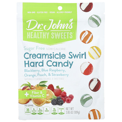 Dr. John's Healthy Sweets, Creamsicle Swirl, Caramelos duros, Zarzamora, frambuesa azul, naranja, melocotón y fresa, Sin azúcar, 109 g (3,85 oz)