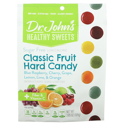 Dr. John's Healthy Sweets Classic Fruit Hard Candy + Fiber & Vitamin C Blue Raspberry Cherry Grape Lemon Lime & Orange Sugar Free 3.85 oz (109 g)