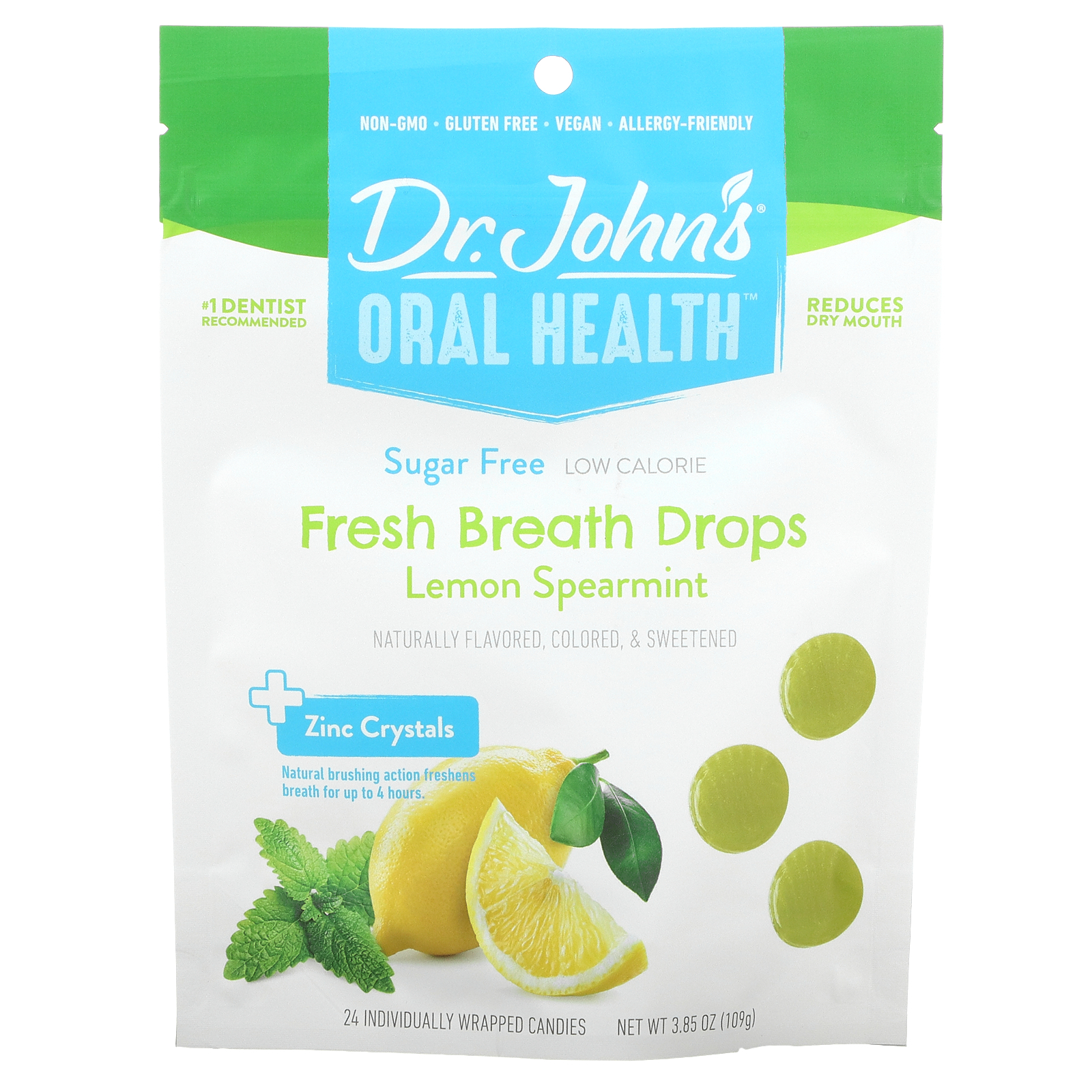 Dr. John's Healthy Sweets Oral Health Fresh Breath Drops + Zinc Crystals Wrapped 109 3.85 Individually oz 24 Lemon Sugar Candies 早割クーポン Free Spearmint g 100％の保証