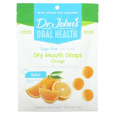 Dr. John's Healthy Sweets Здоровье полости рта, капли от сухости во рту, + ксилитол, апельсин, без сахара, 24 конфеты в индивидуальной упаковке. 109 г (3,85 унции)