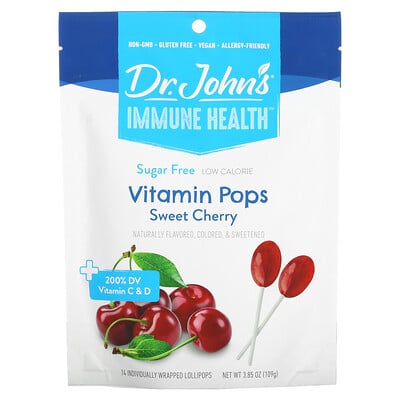 Dr. John's Healthy Sweets Immune Health, леденцы со вкусом леденцов, + 200% суточной нормы витаминов C и D, черешня, без сахара, 14 леденцов на палочке в индивидуальной упаковке, 109 г (3,85 унции)