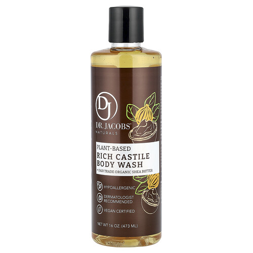 Dr. Jacobs Naturals, Plant-Based Rich Castile Body Wash, reichhaltiges Kastilien-Duschgel auf pflanzlicher Basis, Fair Trade Organic Shea Butter, 473 ml (16 oz.)