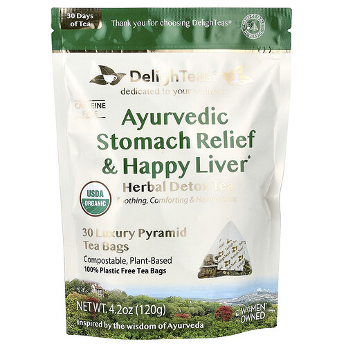 Delighteas Ayurvedic Stomach Relief & Happy Liver, Herbal Detox Tea, Caffeine Free, 30 Luxury Pyramid Tea Bags, 4.2 oz (120 g)