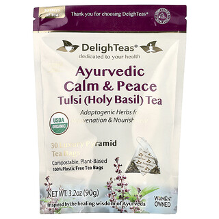 DelighTeas, Ayurvedic Calm & Peace Tulsi (Szent Bazsalikom) tea, koffeinmentes, 30 luxus piramis teazacskó, 3,2 uncia (90 g)