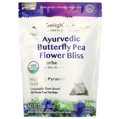 DelighTeas, Flor del guisante de mariposa ayurvédica, Beau-Tea herbal, Sin cafeína, 30 bolsitas de té piramidales de lujo, 60 g (2,1 oz)