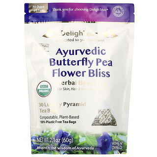 DelighTeas, Ayurvedic Butterfly Pea Flower Bliss, Herbal Beau-Tea, Caffeine Free, 30 Luxury Pyramid Tea Bags, 2.1 oz (60 g)