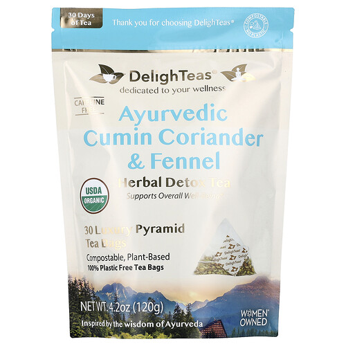 DelighTeas, Ayurvedic Cumin Coriander & Fennel, Herbal Detox Tea, Caffeine Free, 30 Luxury Pyramid Tea Bags, 4.2 oz (120 g)