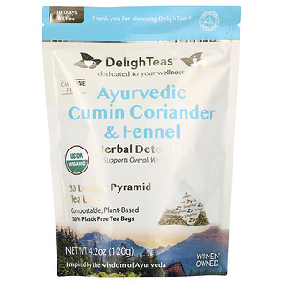 DelighTeas, Ayurvedic Cumin Coriander & Fennel, ayurvedischer Kreuzkümmel-Koriander und Fenchel, pflanzlicher Detox-Tee, koffeinfrei, 30 luxuriöse Tee-Pyramidenbeutel, 120 g (4,2 oz.)