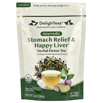 DelighTeas, Alivio para el estómago ayurvédico y un hígado feliz, Té herbal desintoxicante, Mezcla suelta, Sin cafeína, 140 g (5 oz)