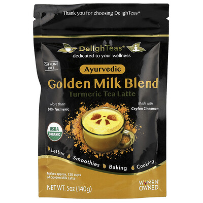 Product Image for DelighTeas, Ayurvedic Golden Milk Blend, Turmeric Tea Latte, Caffeine Free, 5 oz (140 g)