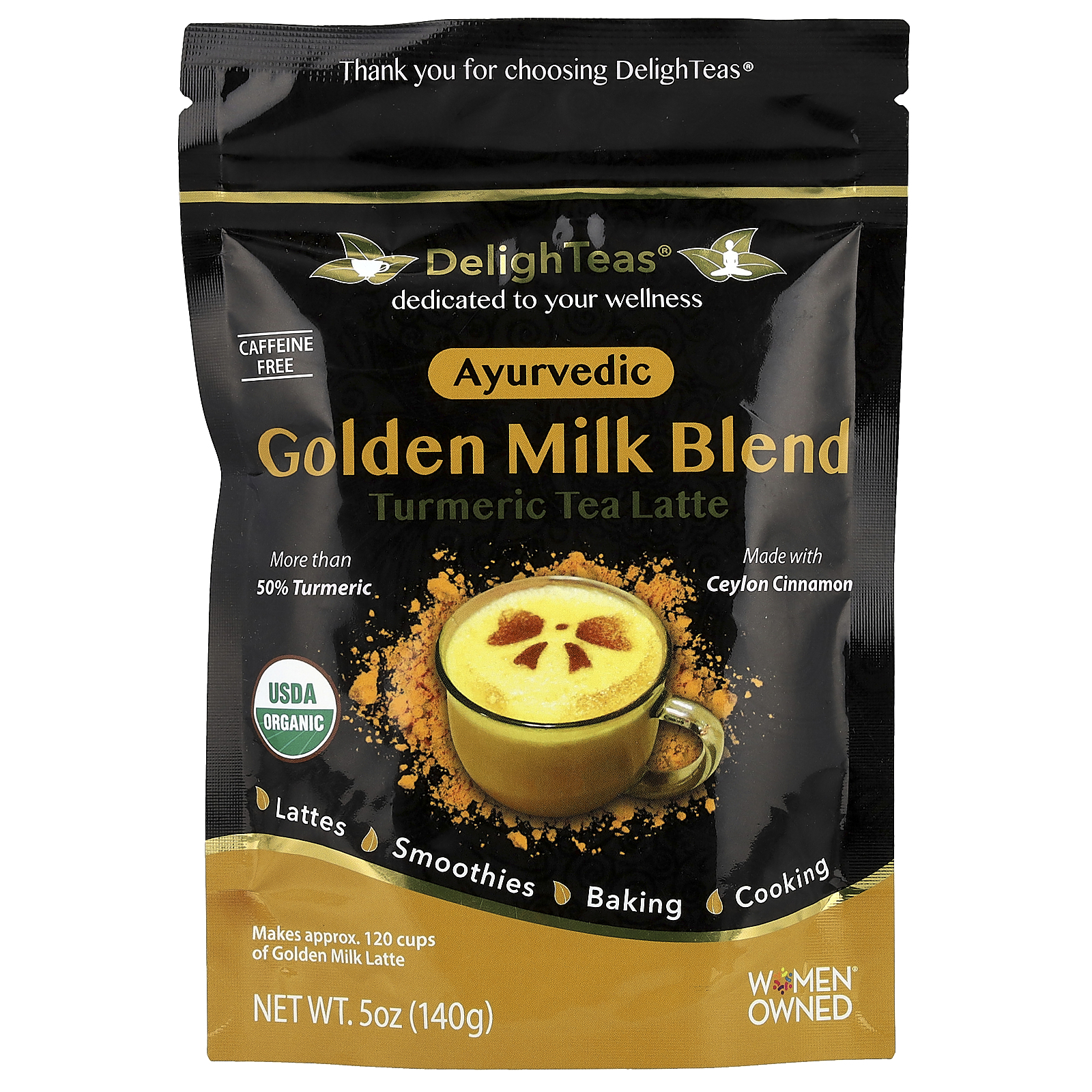 DelighTeas, Ayurvedic Golden Milk Blend, Turmeric Tea Latte, Caffeine Free, 5 oz (140 g)