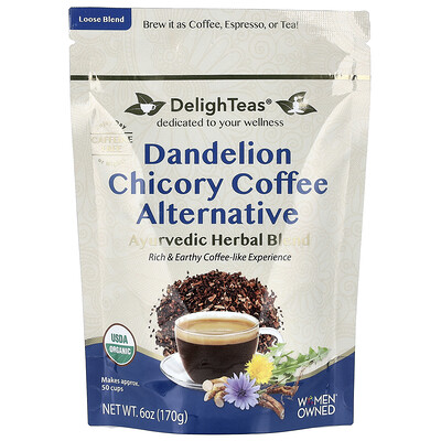 DelighTeas, Mezcla de hierbas ayurvédicas, Alternativa al café con diente de león y achicoria, Sin cafeína, 170 g (6 oz)
