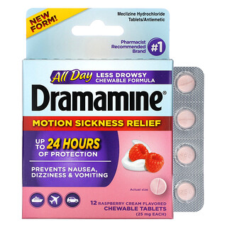 Dramamine, Krim Rasberi Boleh Kunyah untuk Melegakan Mabuk Perjalanan, 25 mg, 12 Tablet Boleh Kunyah