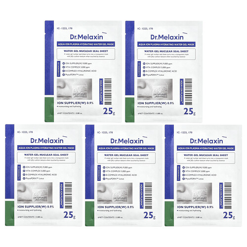 Dr.melaxin Aqua Ion Plasma, Hydrating Water Beauty Gel Mask, 5 Sheets, 0.88 oz (25 g) Each