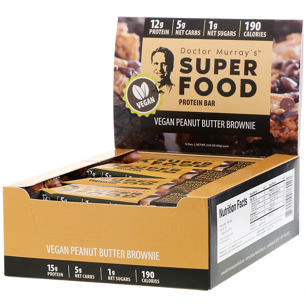 Dr. Murray's, Superfood Protein Bars, Vegan Peanut Butter Brownie, 12