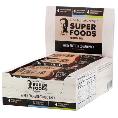 Dr. Murray's Superfoods Protein Bars, Whey Protein Combo Pack, 12 Bars, 2.05 oz (58 g) Each