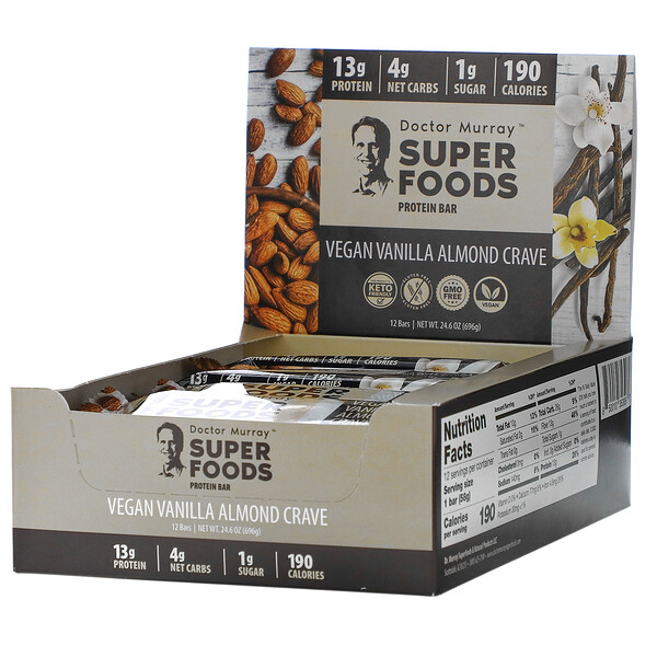 Dr. Murray's‏, Superfoods Protein Bars, Vegan Vanilla Almond Crave , 12 Bars, 2.05 oz (58 g) Each