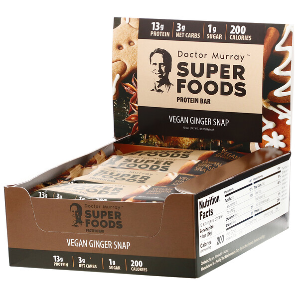 Dr. Murray's, Superfoods Protein Bars, Vegan Ginger Snap, 12 Bars, 2.05