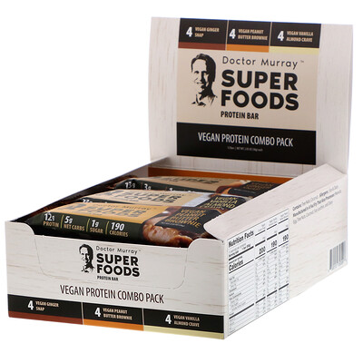 Dr. Murray's Superfoods Protein Bars, Vegan Protein Combo Pack, 12 Bars, 2.05 oz (58 g) Each