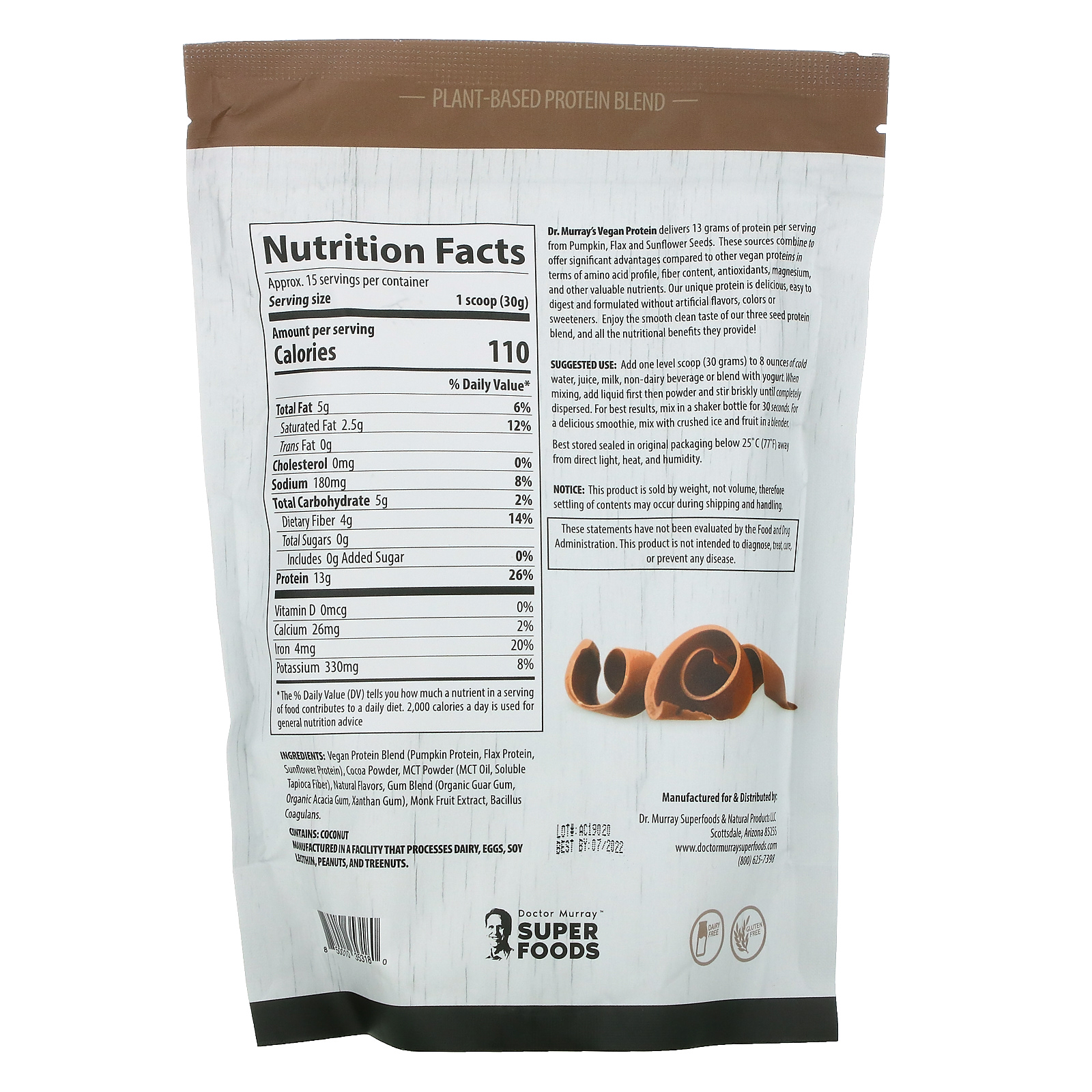Dr. Murray's, Super Foods, 3 Seed Protein Powder, Chocolate, 16 oz (453 ...