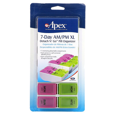 

Apex Detach N' Go Pill Organizer, 7-дневный органайзер для таблеток с учетом приема 2 раза в день, размер XL, 1 шт.