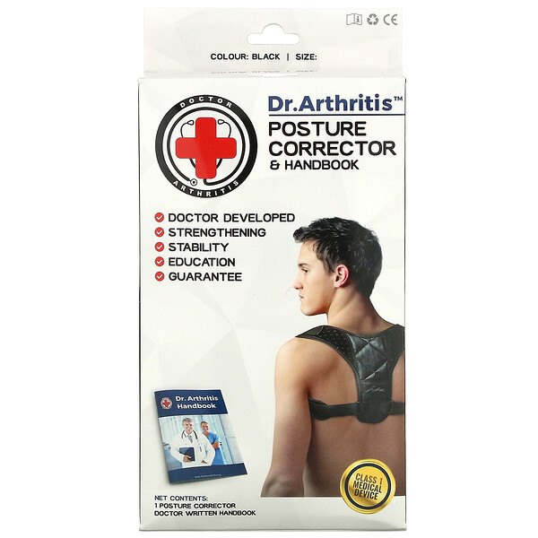 Doctor Arthritis, Posture Corrector & Handbook, Medium, Black, 1 Corrector
