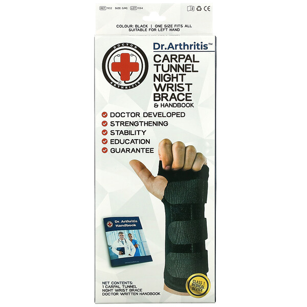 Doctor Arthritis‏, Carpal Tunnel Night Wrist Brace & Handbook, Left, Black, 1 Brace