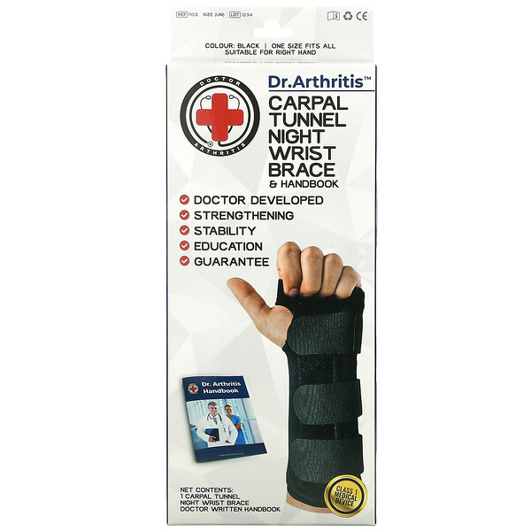 Doctor Arthritis‏, Carpal Tunnel Night Wrist Brace & Handbook, Right, Black, 1 Brace