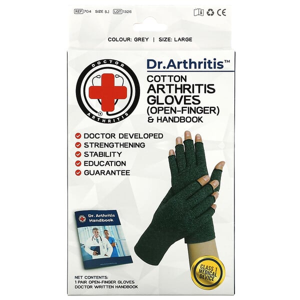 Doctor Arthritis, Cotton Open-Finger Arthritis Gloves & Handbook, Large, Grey, 1 Pair