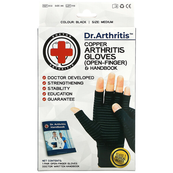 Doctor Arthritis‏, Copper Open-Finger Arthritis Gloves & Handbook, Medium, Black, 1 Pair