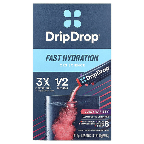 DripDrop, Electrolyte Drink Mix, Juicy Variety, 8 Sticks, 0.35 oz (10 g) Each